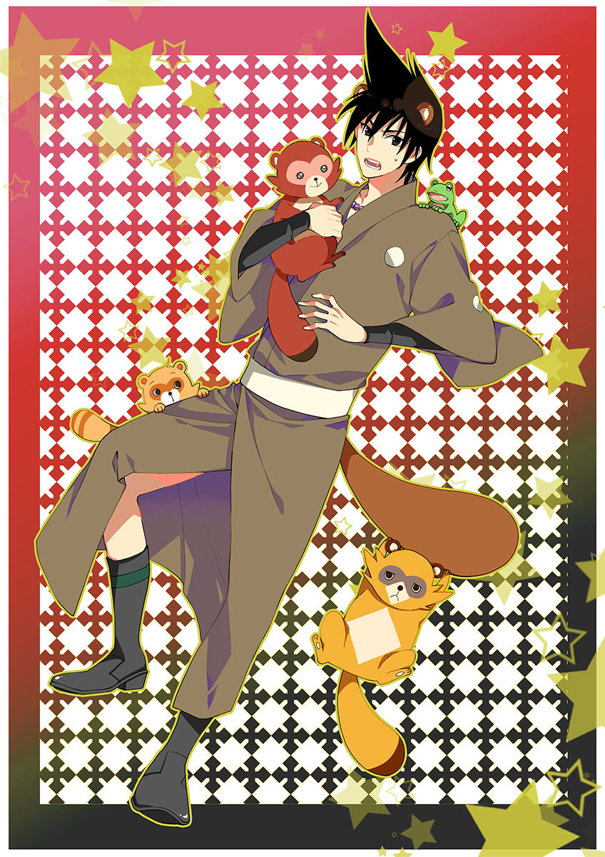 1girl, 4boys, :>, :<, animal_ears, black_eyes, black_hair, boots