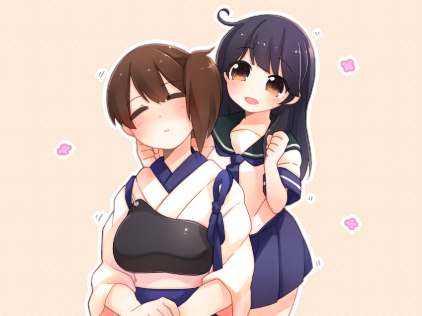 2girls, armor, black_hair, brown_eyes, brown_hair, closed_eyes, japanese_clothes, kaga_(kantai_collection)