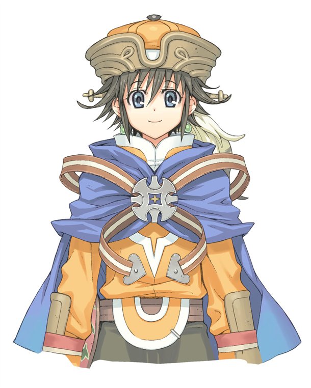 1girl, annie_eilenberg, atelier_(series), atelier_annie_alchemist_of_sera_island, black_hair, blue_eyes, cape, earrings, hat, jewelry, official_art, short_hair, smile, solo, watanuki_nao, white_background