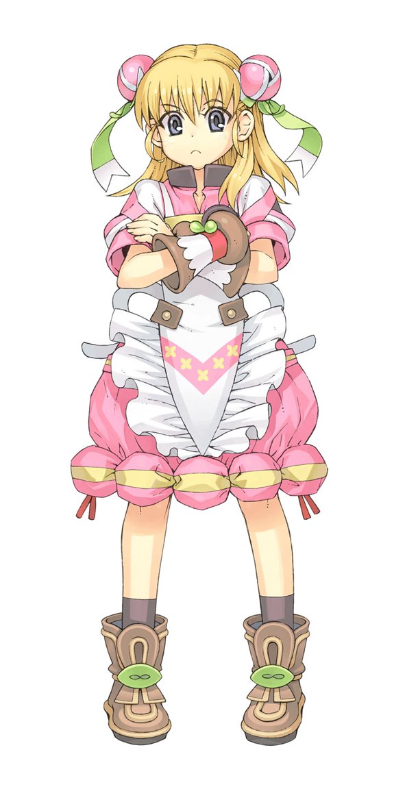 1girl, :<, apron, atelier_(series), atelier_annie_alchemist_of_sera_island, blonde_hair, bubble_skirt, crossed_arms, dress, fitz_erberlin, frills, frown, grey_eyes, long_hair, official_art, pink_dress, shoes, solo, watanuki_nao, white_background, wrist_cuffs