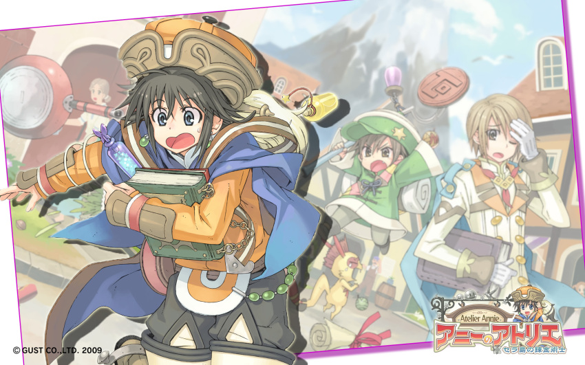 1girl, 2009, 2boys, :o, ;o, angry, annie_eilenberg, atelier_(series), atelier_annie_alchemist_of_sera_island, black_hair, blue_eyes, book, brown_hair, cape, copyright_name, earrings, embarrassed, gloves, hans_ahrens, hat, highres, jewelry, multiple_boys, open_mouth, pepe_(atelier), short_hair, surprised, sweat, wallpaper, watanuki_nao, wink