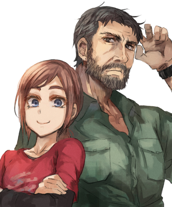 1boy, 1girl, arms_up, beard, blue_eyes, brown_hair, crossed_arms, ellie_(the_last_of_us)