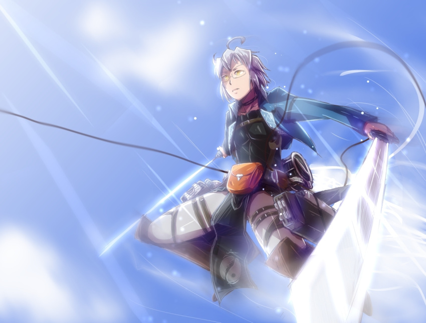 1boy, ahoge, blue_sky, clouds, dual_wielding, glasses, glint, japanese_clothes