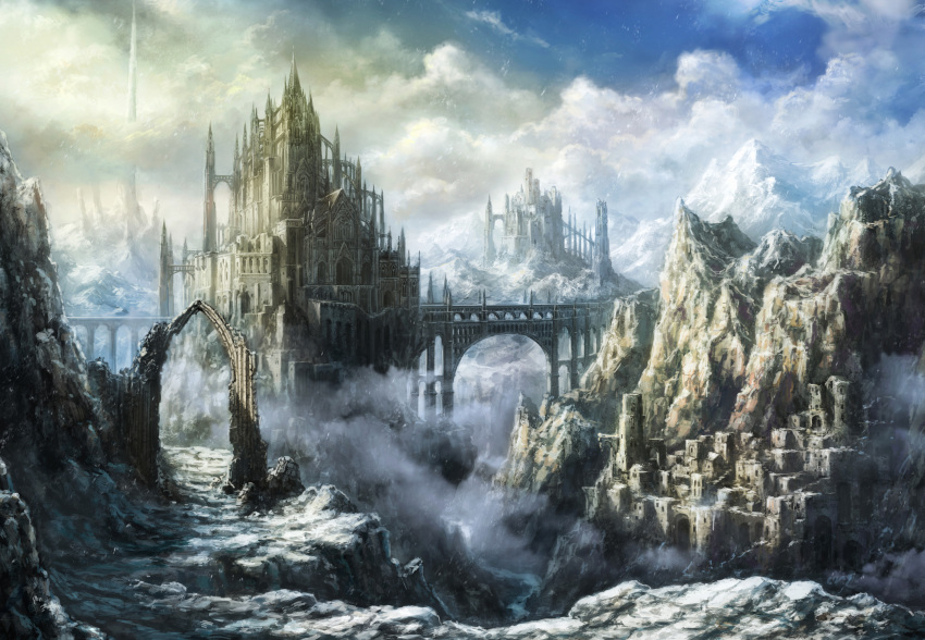 castle, clouds, highres, mountain, original, scenery, sky, tomaknights
