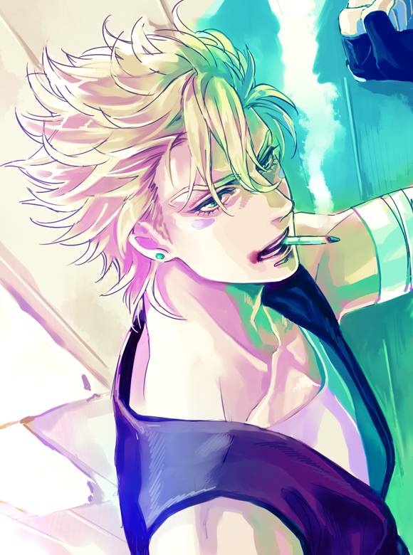 1boy, a_s_h_e_s, bandages, blonde_hair, caesar_anthonio_zeppeli, cigarette, facial_mark, fingerless_gloves