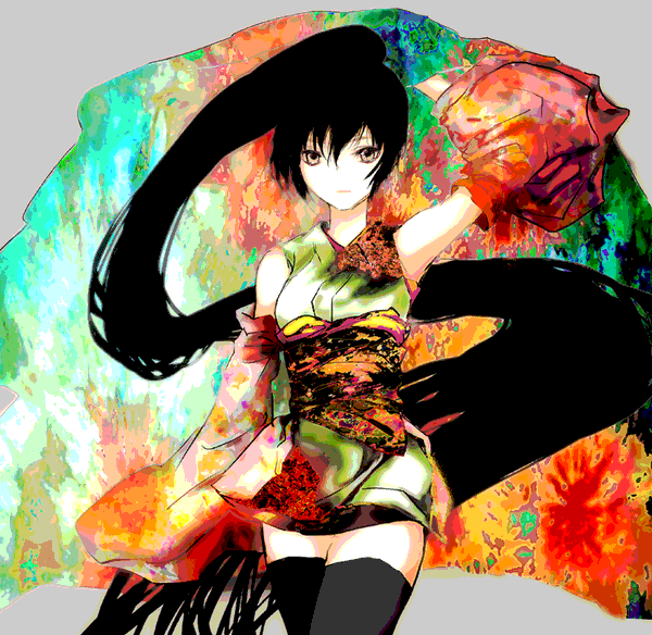 black_hair, detached_sleeves, japanese_clothes, kimono, kyky, long_hair, nagone_mako, ponytail