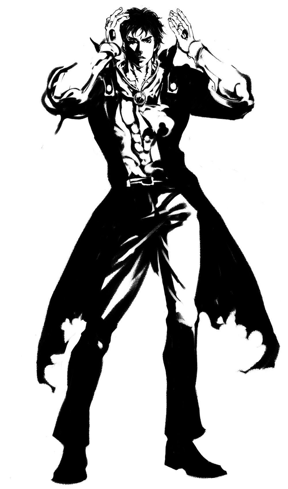 1boy, highres, holes, jojo_no_kimyou_na_bouken, jonathan_joestar, long_coat, monochrome, seyo