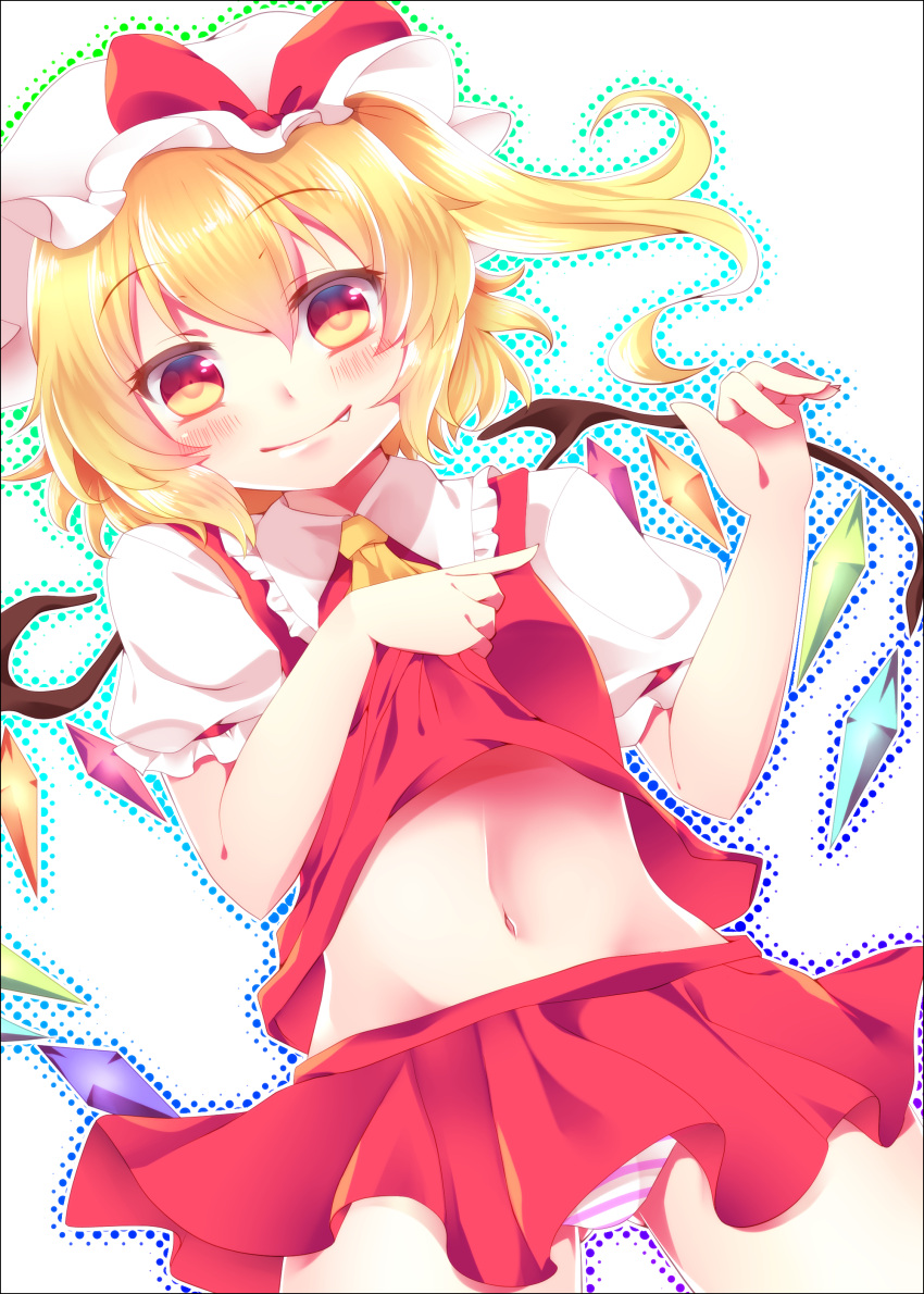 1girl, absurdres, ascot, blonde_hair, colored, fang, flandre_scarlet, hat