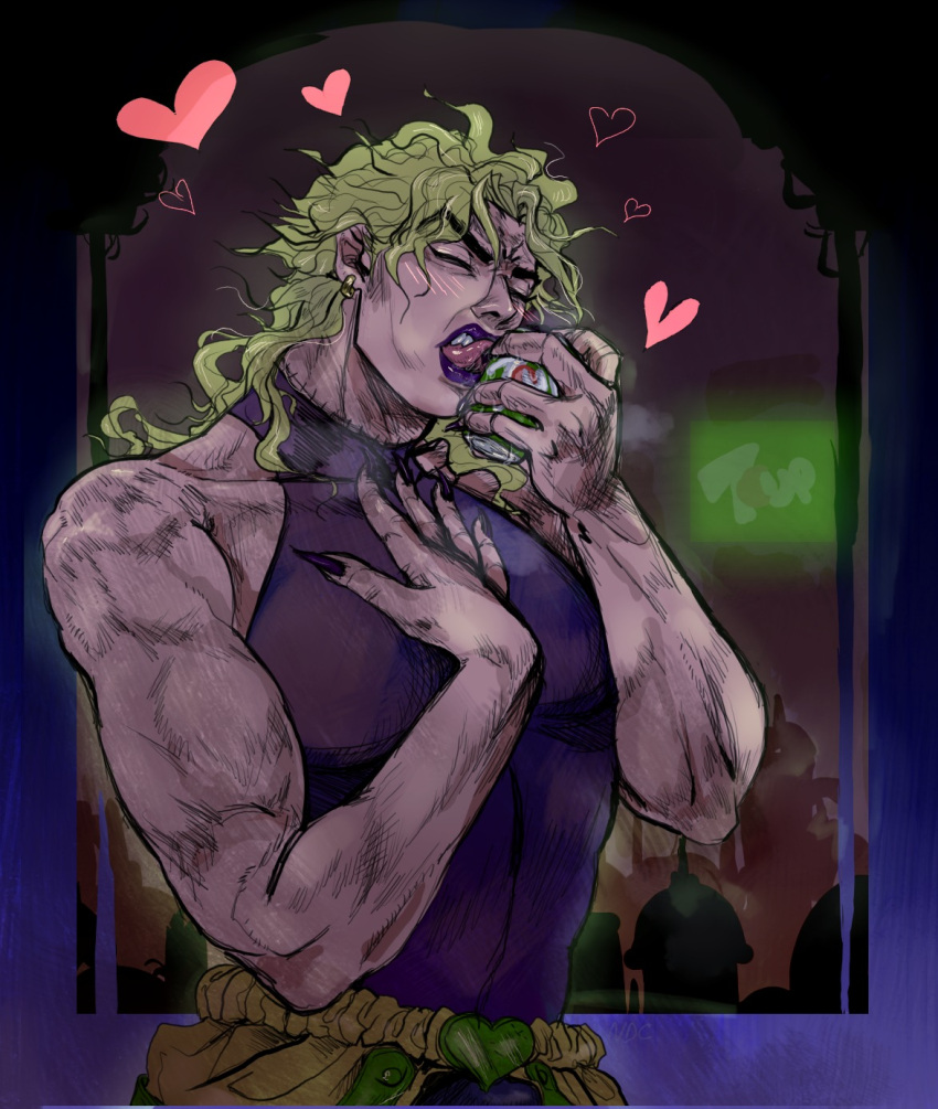 1boy, 7up, blonde_hair, blush, can, dio_brando, heart, highres