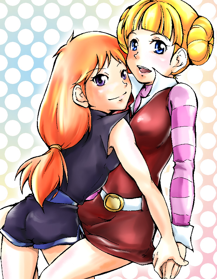 1980s_(style), 2girls, blonde_hair, blue_eyes, crossover, double_bun, holding_hands, multiple_girls
