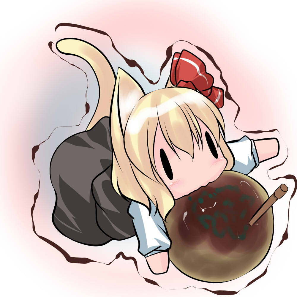 1girl, animal_ears, blonde_hair, cat_ears, cat_tail, eating, hair_ribbon, hoshizuki_(seigetsu)