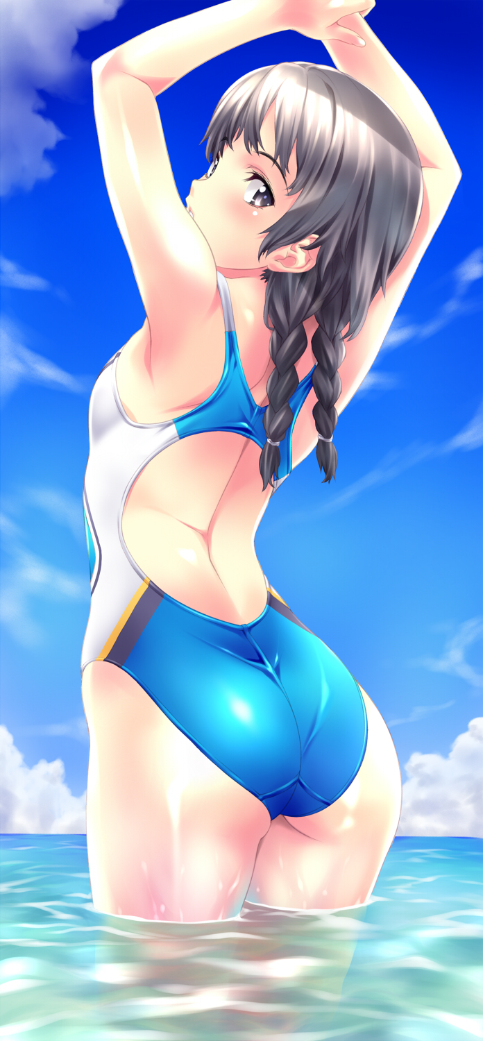 1girl, arms_up, ass, black_hair, braid, highres, looking_at_viewer, looking_back