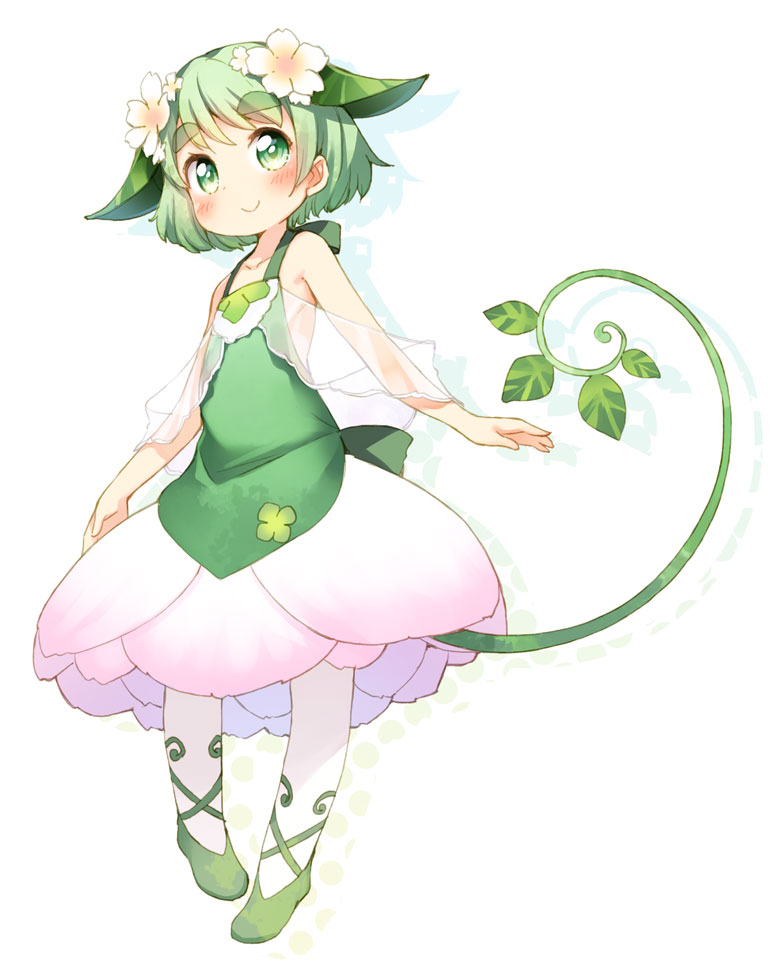 blush, child, dress, eyebrows, flower, green_eyes, green_hair, hair_flower, hair_ornament, kinoko-san, kito_(sorahate), leaf, original, pantyhose, short_hair, smile, solo, thick_eyebrows, white_legwear