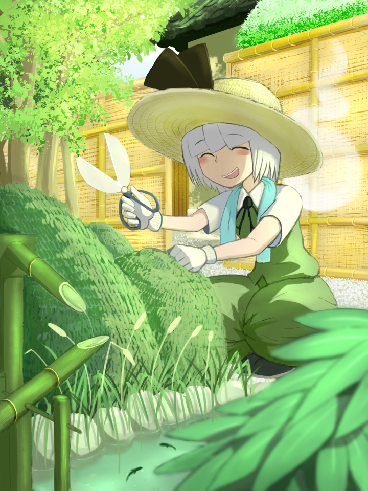 1girl, ascot, bamboo, bamboo_screen, blush, blush_stickers, cattail, closed_eyes
