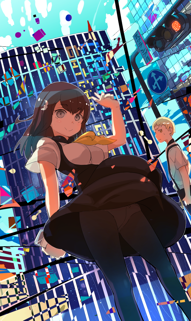 1boy, 1girl, :>, blonde_hair, brown_hair, gatchaman_crowds, grey_eyes, ichinose_hajime, panties, panties_under_pantyhose, pantyhose, pantyshot, samidare, school_uniform, smile, suspenders, tachibana_sugune, underwear, v, yellow_eyes