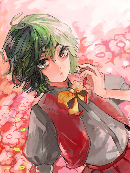 bad_id, dutch_angle, eyelashes, flower, flower_field, green_hair, hands, kazami_yuuka