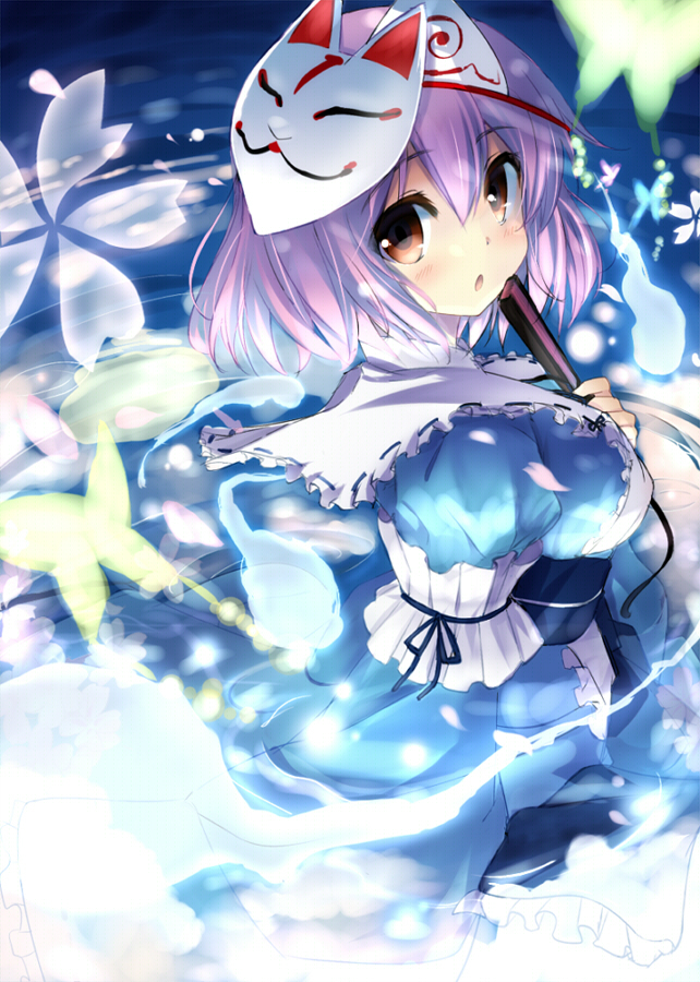 1girl, blush, butterfly, fan, folding_fan, ghost, harapeko_(sabernoahoge), hitodama