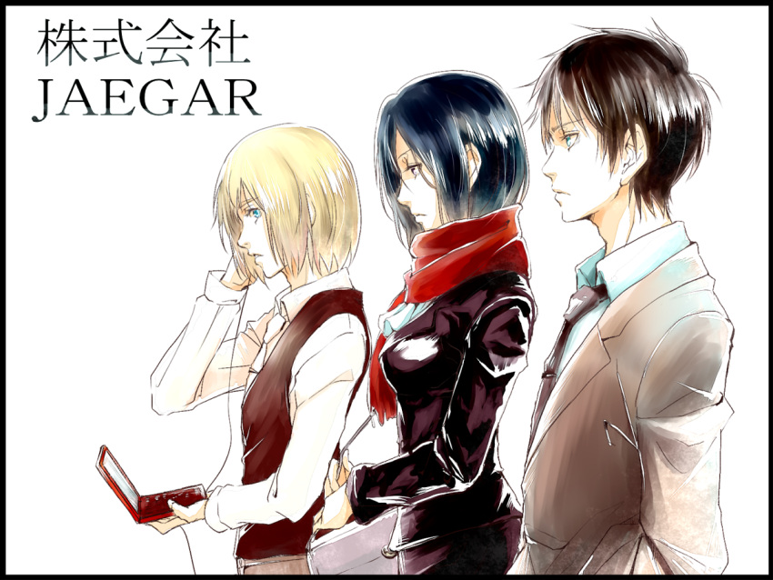 1girl, 2boys, alternate_costume, armin_arlert, black_eyes, black_hair, blonde_hair, blue_eyes