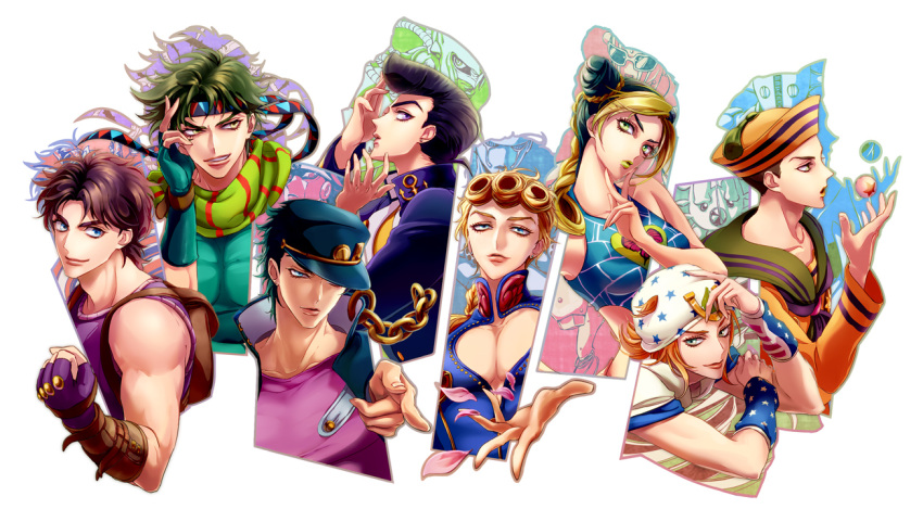 2girls, 6+boys, bubble, crazy_diamond, dixie_cup_hat, double_bun, double_v, family