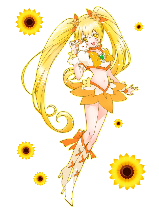 1girl, blonde_hair, boots, bow, brooch, chimu_(chimoon), creature, cure_sunshine