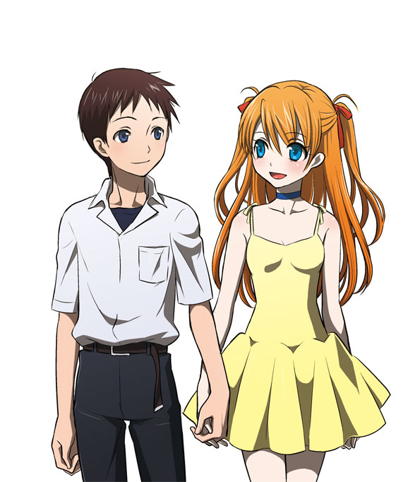 1boy, 1girl, blue_eyes, blush, choker, dress, holding_hands, ikari_shinji, nanji3, neon_genesis_evangelion, orange_hair, smile, souryuu_asuka_langley, sundress