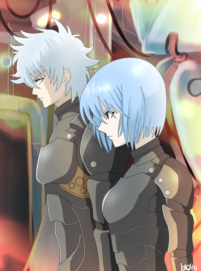 1boy, 1girl, ayanami_rei, blue_hair, bodysuit, breasts, crossover, gintama, kagami_rei, multiple_crossover, neon_genesis_evangelion, pacific_rim, plugsuit, red_eyes, sakata_gintoki, seiyuu_connection, short_hair, silver_hair