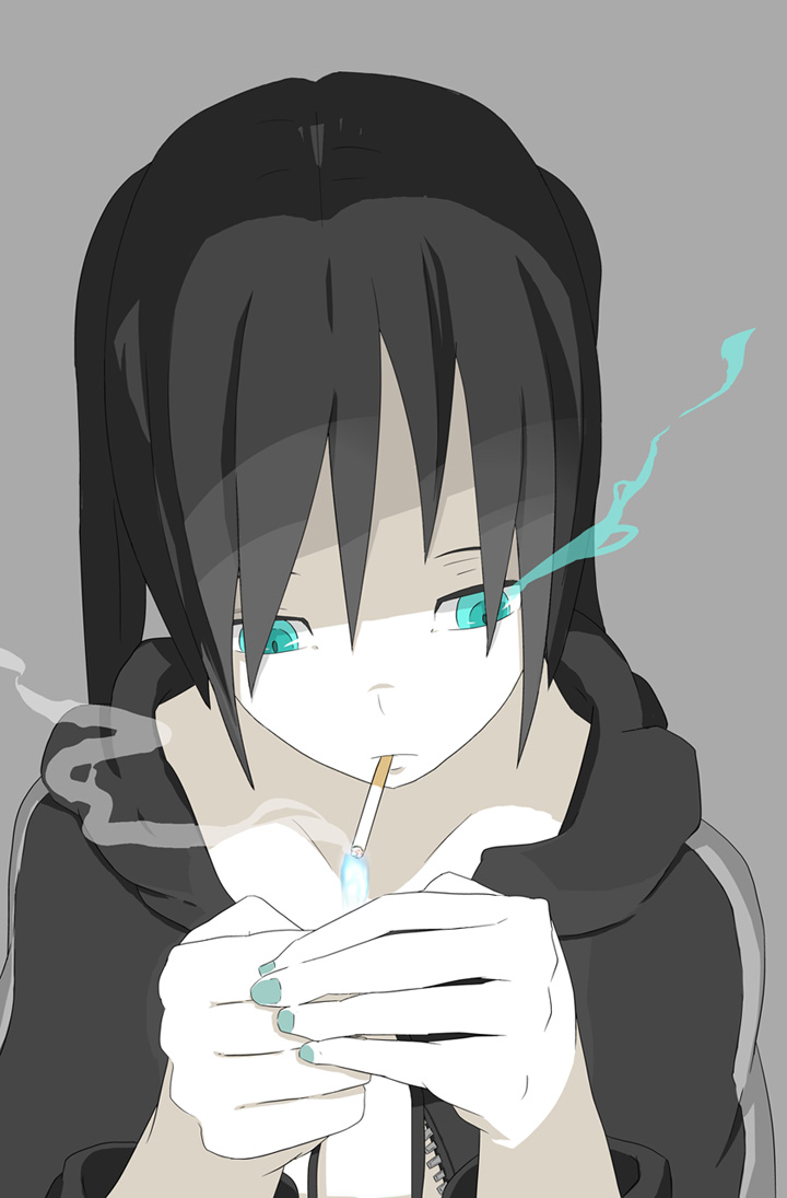 black_rock_shooter, black_rock_shooter_(character), blue_eyes, cigarette, glowing, glowing_eyes, hands, matsutake, matsutake_(nodamiki), pale_skin, smoking, solo, twintails