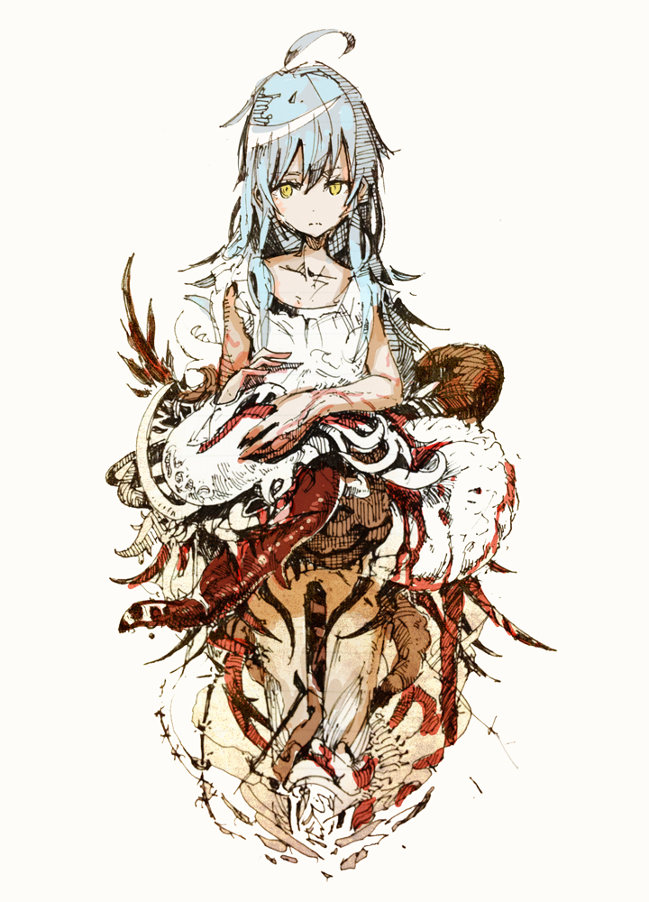 1girl, 6th_gate, ahoge, blood, blue_hair, dress, long_hair, original, simple_background, solo, toi_(number8), white_background, yellow_eyes