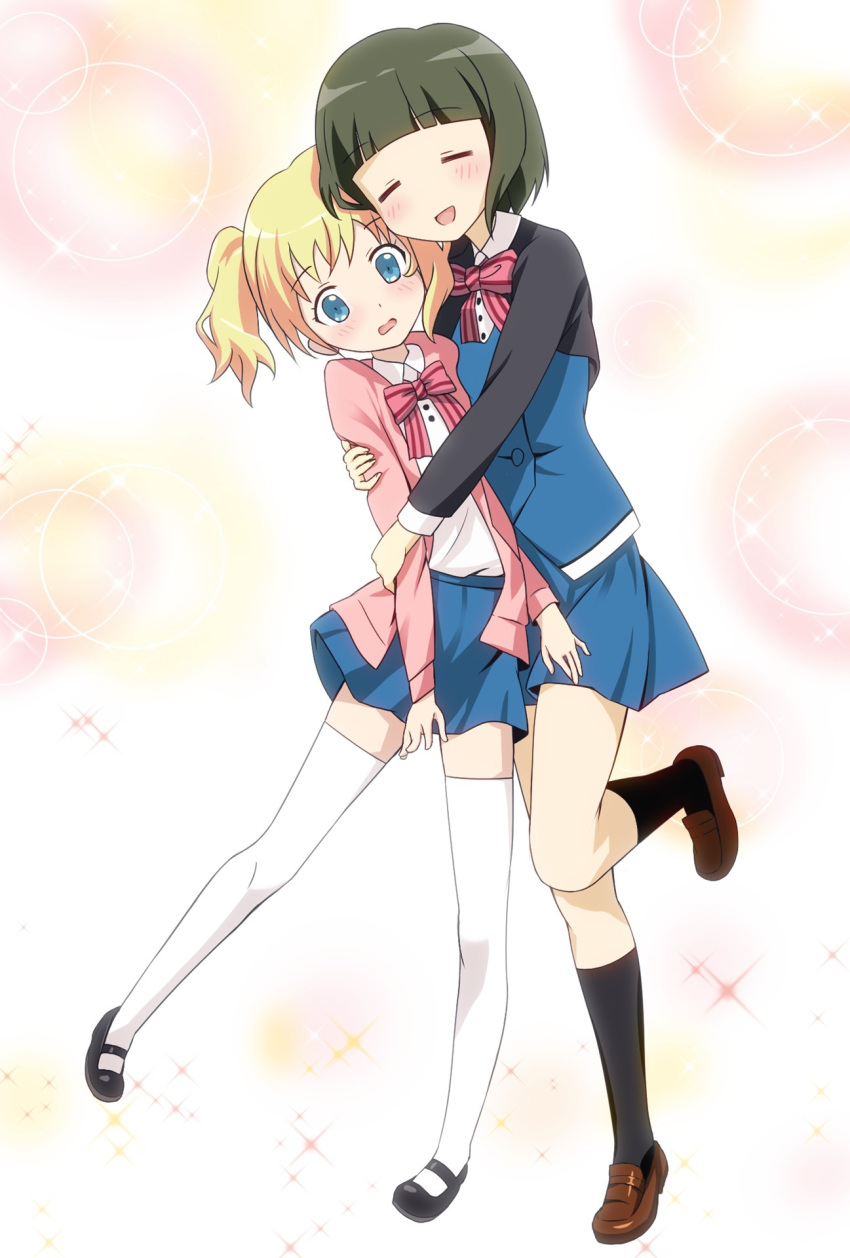 2girls, alice_carteret, black_hair, blonde_hair, blue_eyes, blush, bow, highres