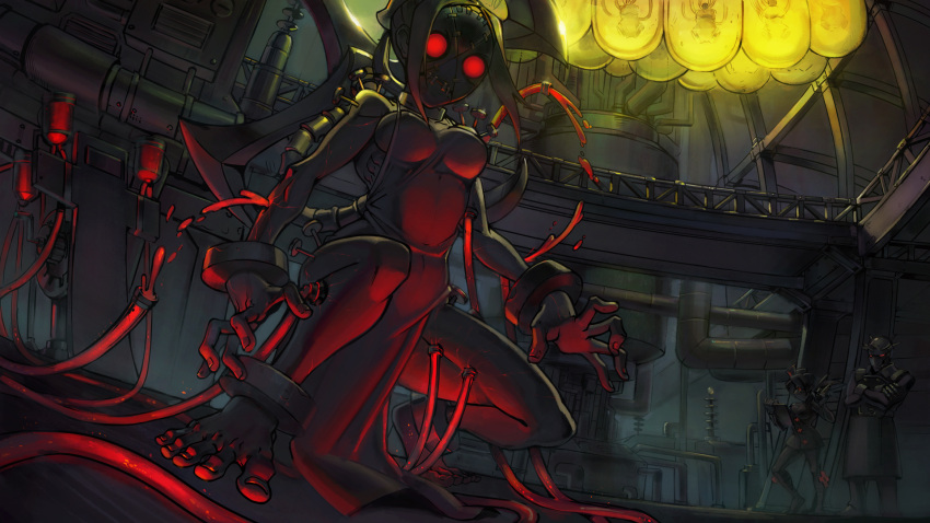 1boy, 2girls, brain_drain_(skullgirls), crossed_arms, eyecager, factory, feet, highres, laboratory, mask, multiple_girls, official_art, painwheel_(skullgirls), red_eyes, shadow, skullgirls, solo_focus, squatting, standing, tube, valentine_(skullgirls), veins
