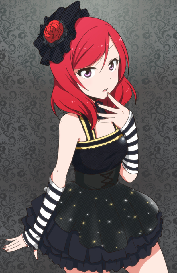 1girl, arm_warmers, black_dress, dress, finger_to_mouth, flower, hair_flower, hair_ornament