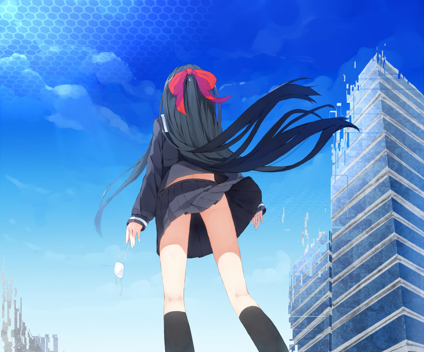 black_hair, eyepatch, hair_ribbon, highres, long_hair, looking_up, mirai_sekai_no_planeta, nayuta, ribbon, school_uniform, skirt, sky, uttt