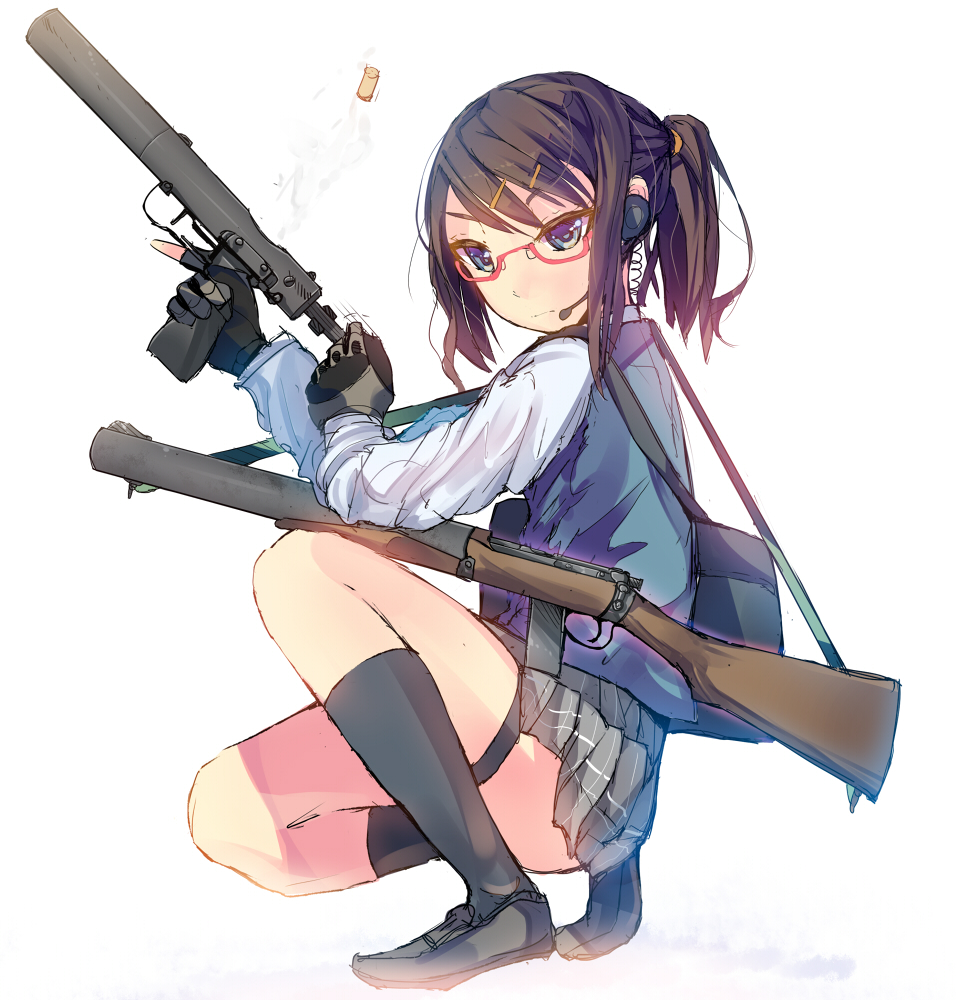 1girl, bag, blue_eyes, blush, brown_hair, daito, de_lisle_carbine, ejection, fingerless_gloves, glasses, gloves, gun, hair_ornament, hairclip, headset, long_hair, original, rifle, school_bag, school_uniform, shell_casing, short_hair, skirt, solo, squatting, suppressor, trigger_discipline, weapon, welrod
