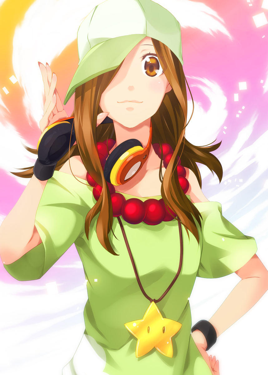1girl, 2mota, baseball_cap, brown_eyes, brown_hair, gaen_izuko, hair_over_one_eye, hat