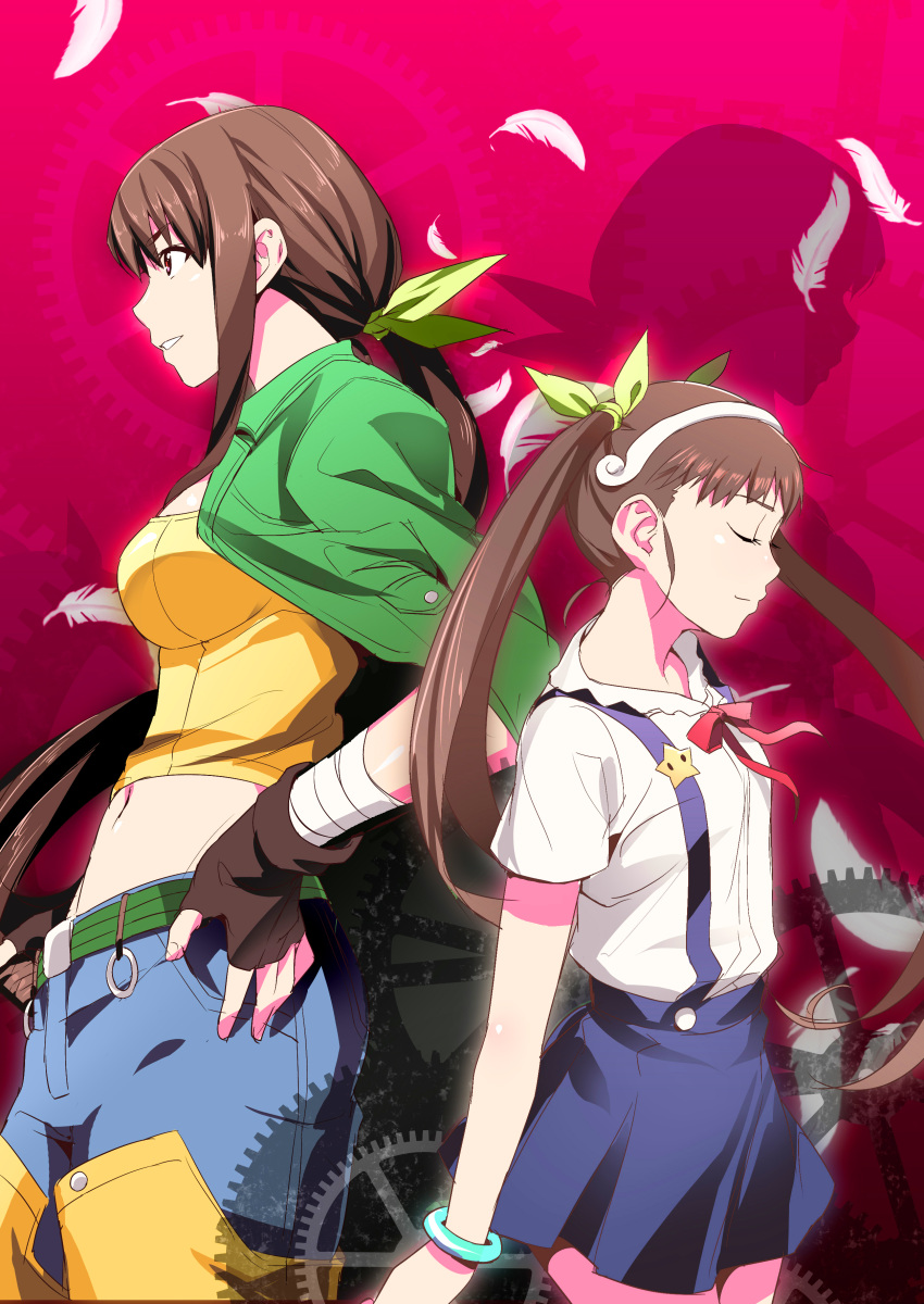 2girls, absurdres, adult, akechi_shizuku, back-to-back, bandages, brown_hair, closed_eyes
