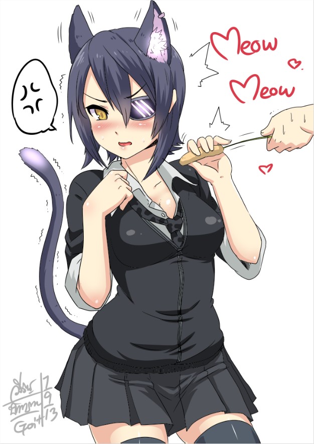 1girl, animal_ears, artist_name, blush, cat_ears, cat_tail, cattail, eyepatch