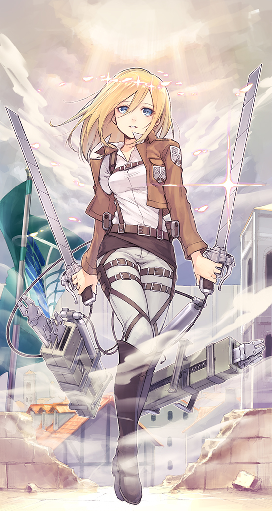 1girl, blonde_hair, boots, christa_renz, dual_wielding, halo, jacket, shingeki_no_kyojin, short_hair, solo, sword, three-dimensional_maneuver_gear, weapon, yrnp