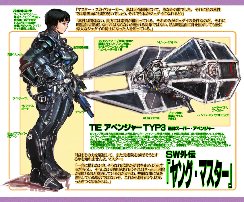 1girl, armor, black_hair, bob_cut, boots, breasts, energy_gun, galactic_empire