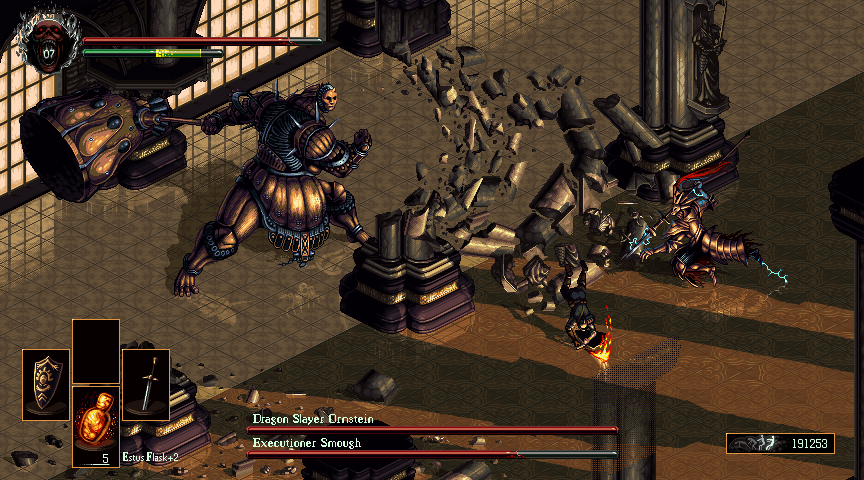 armor, dark_souls, debris, dragon_slayer_ornstein, executioner_smough, fighting, fire, hammer