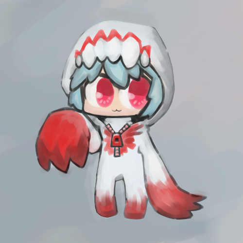 1girl, :3, blue_hair, chibi, cosplay, fangs, lowres, monster