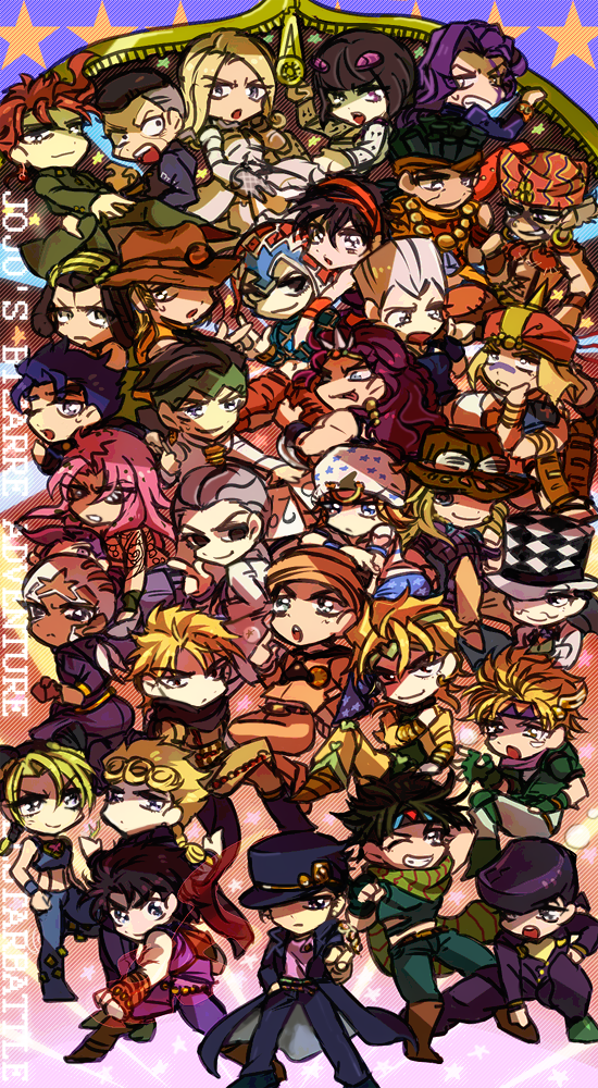 bruno_bucciarati, caesar_anthonio_zeppeli, cars_(jojo), chibi, diavolo, dio_brando, esidisi, everyone, funny_valentine, giorno_giovanna, guido_mista, gyro_zeppeli, hermes_costello, higashikata_jousuke, higashikata_jousuke_(jojolion), hirose_kouichi, hol_horse, jean_pierre_polnareff, johnny_joestar, jojo_no_kimyou_na_bouken, jonathan_joestar, joseph_joestar_(young), kakyouin_noriaki, kira_yoshikage, kishibe_rohan, kuujou_jolyne, kuujou_joutarou, mohammed_avdol, narancia_ghirga, nijimura_okuyasu, nonono_nagata, otoishi_akira, steel_ball_run, wham, will_anthonio_zeppeli, zipper