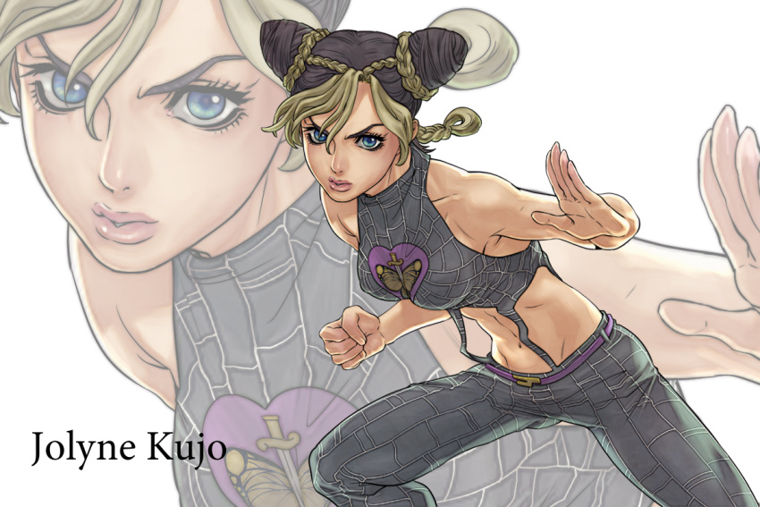 1girl, black_hair, blonde_hair, braid, double_bun, fighting_stance, jojo_no_kimyou_na_bouken, kuujou_jolyne, midriff, multicolored_hair, solo, two-tone_hair, v-room, zoom_layer