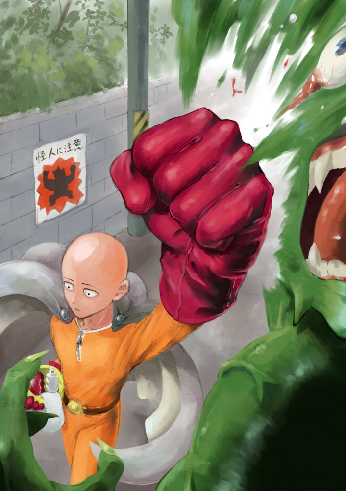 1boy, bald, belt, bttfghn, cape, gloves, monster, onepunch_man