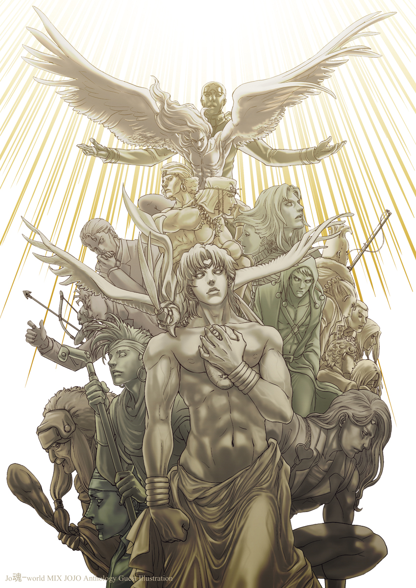 1girl, 6+boys, arrow, beach_boy_(stand), blank_eyes, bow_(weapon), bracer, cars_(jojo)