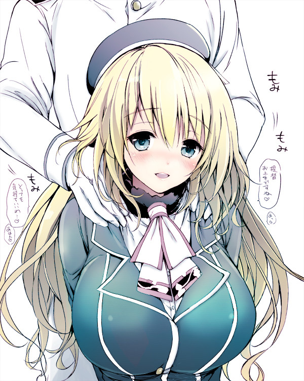 1girl, admiral_(kantai_collection), atago_(kantai_collection), blonde_hair, blue_eyes, blush, breasts, hat