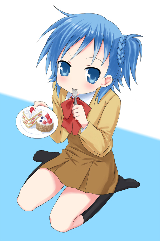 1girl, blue_eyes, blue_hair, cake, food, fork, isou_nagi, lucky_star