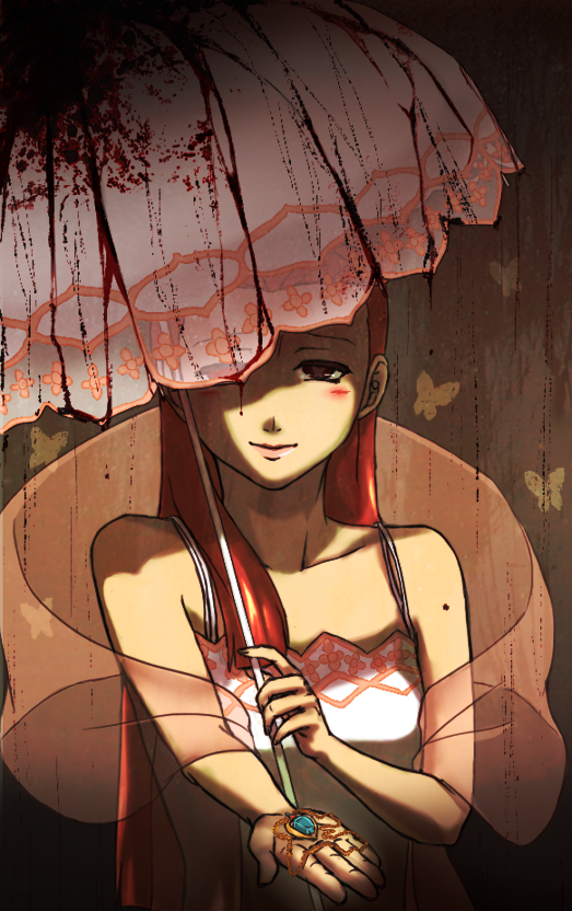 1girl, blood, blush, brown_background, brown_eyes, butterfly, gyakuten_saiban, jewelry