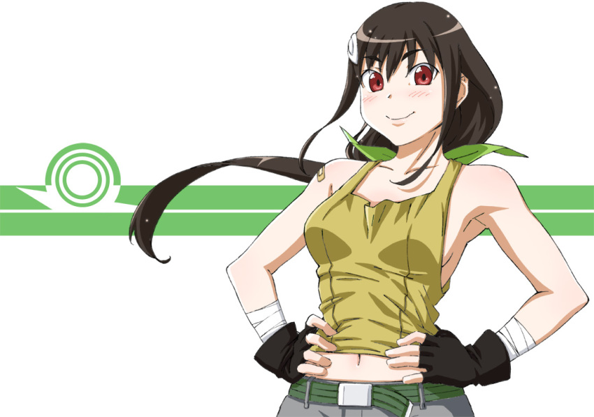 1girl, adult, amahara_hiroaki, belt, black_hair, fingerless_gloves, gloves, hachikuji_mayoi