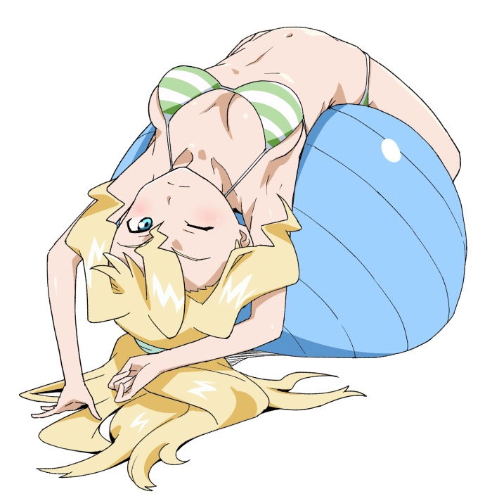 1girl, ball, bikini, blonde_hair, blue_eyes, cindy_campbell, exercise_ball, long_hair