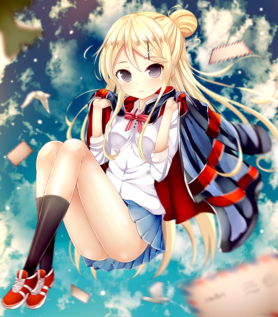 1girl, bird, blonde_hair, blush, bow, hair_ornament, highres, jacket, kin'iro_mosaic, kujou_karen, letters, long_hair, morerin, skirt, smile, solo, violet_eyes
